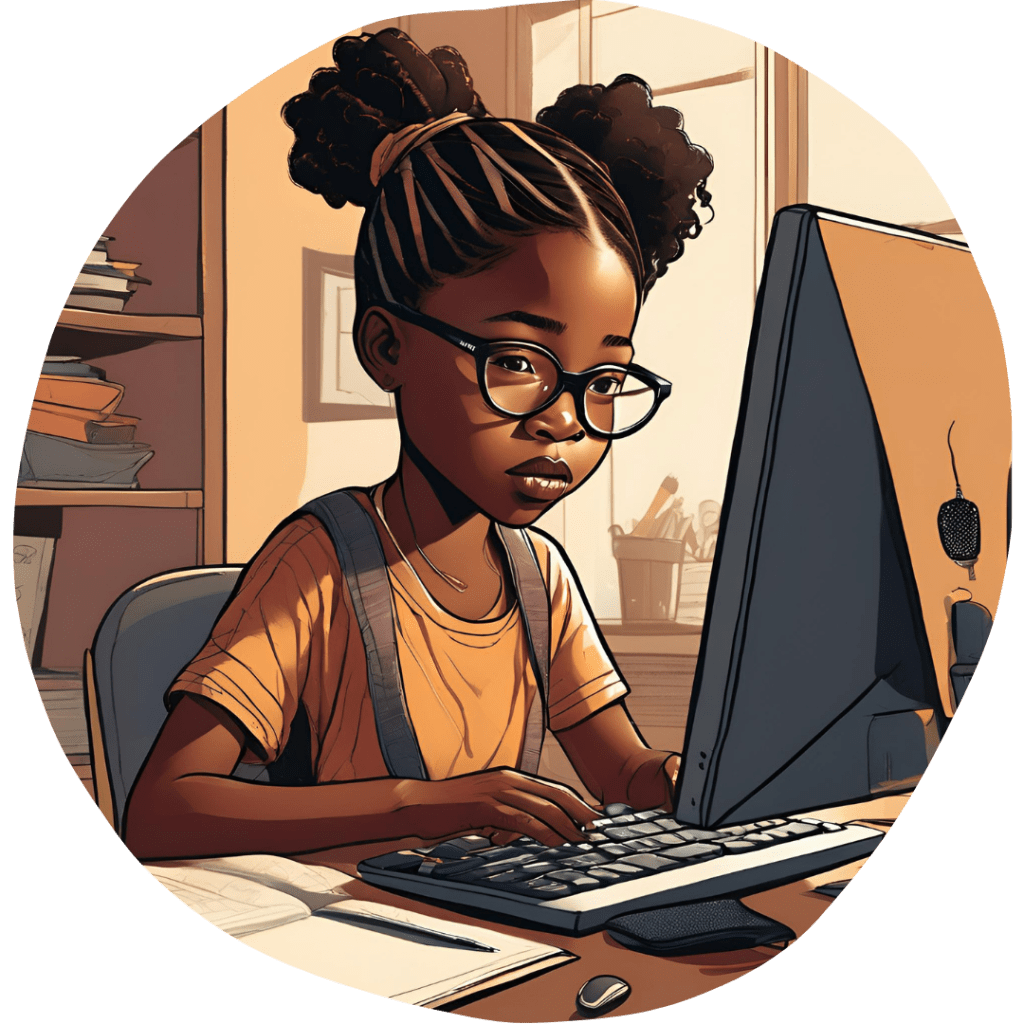Child wearing glasses, using a computer