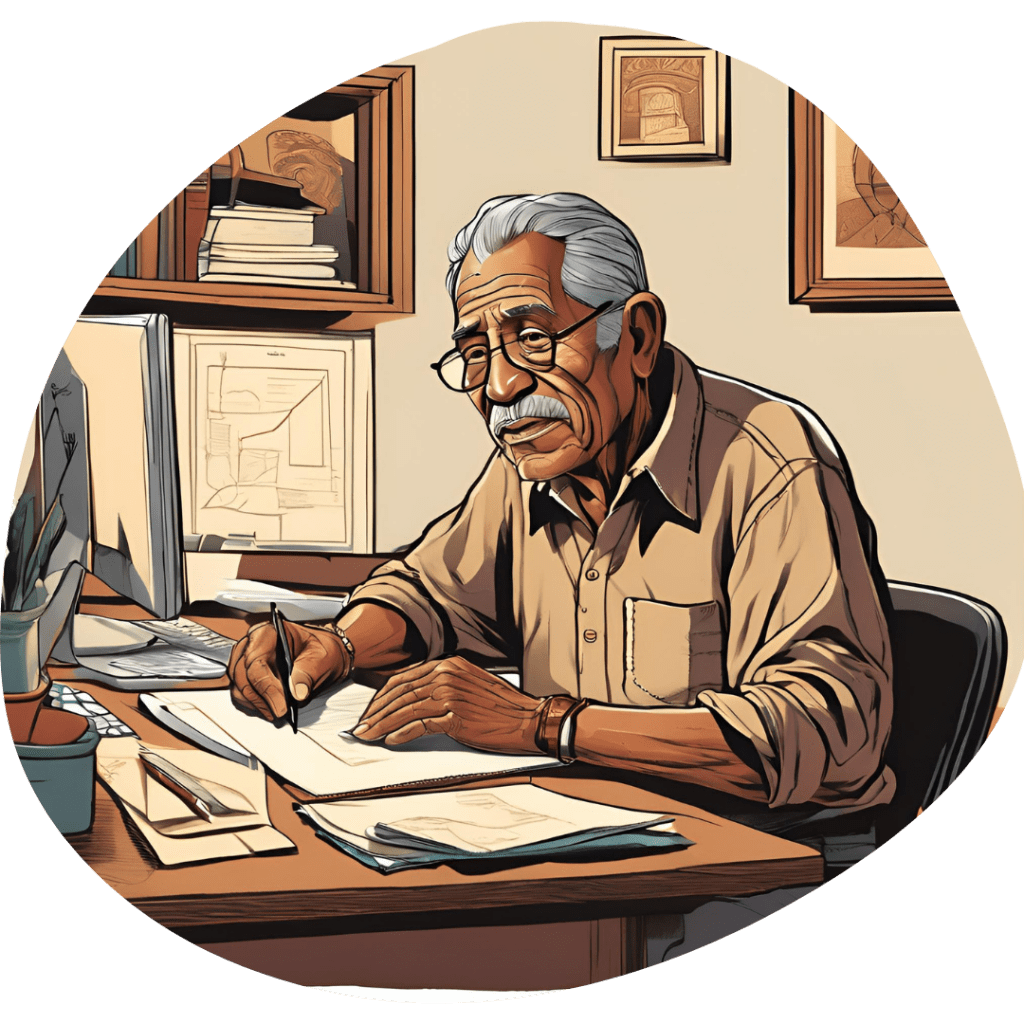 Senior man with glasses on, sitting at a desk looking at documents